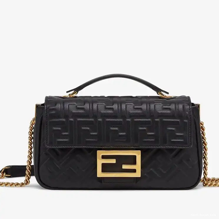 Affordable Nappa Motif Midi In FF Baguette Fendi Black Leather Bag Chain 0702